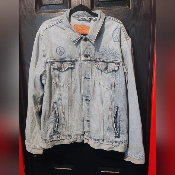 Denim Jacket with Peace Sign Embroidery - Picture 1 of 16